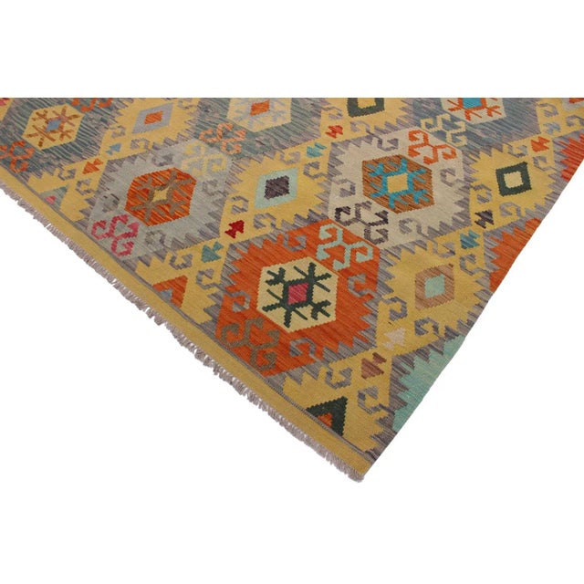 Boho Chic Boho Chic Kilim Gold Gray Wool Rug - 6'7" X 9'10" For Sale - Image 3 of 7