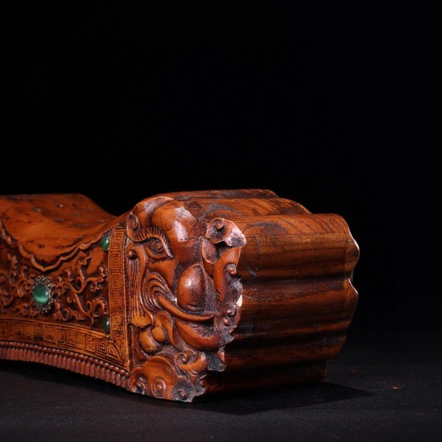 Chinese Vintage Chinese Boxwood Carved Beast Head Pillow With Gem Inlay - 750g For Sale - Image 3 of 9