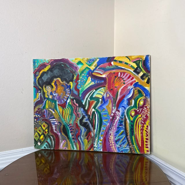 1970s 1970s Vintage Bold Colorful Expressionist Abstract Figurative Painting on Canvas For Sale - Image 5 of 10