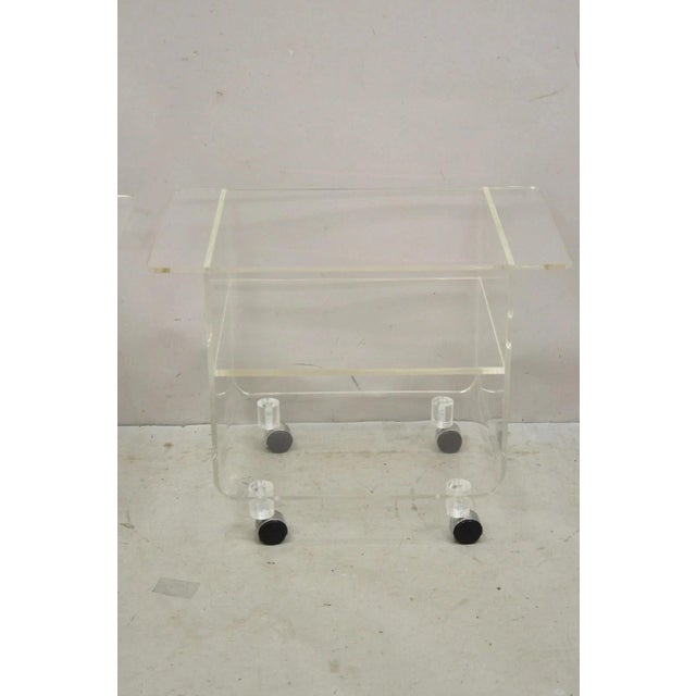Late 20th Century Vintage Clear Lucite Acrylic Mid Century Modern Rolling Side Tables - A Pair For Sale - Image 5 of 11