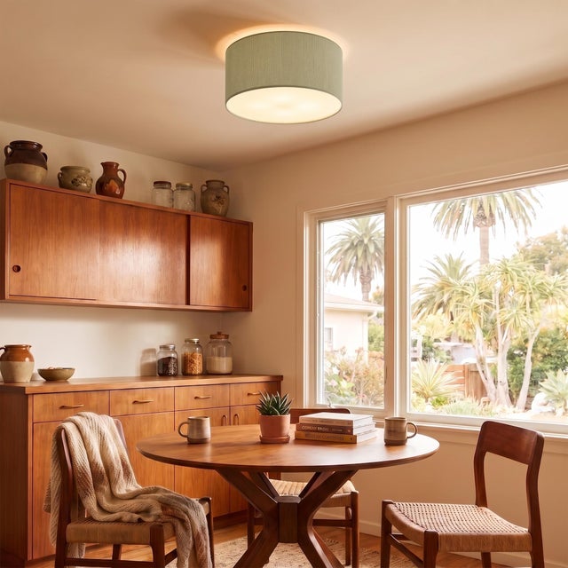 Mid-Century Modern Stretch Flush Mount Ceiling Light 18" D - Mid Century, Linen Drum Shade, Brass Canopy, Dimmable, Bulb Included For Sale - Image 3 of 6