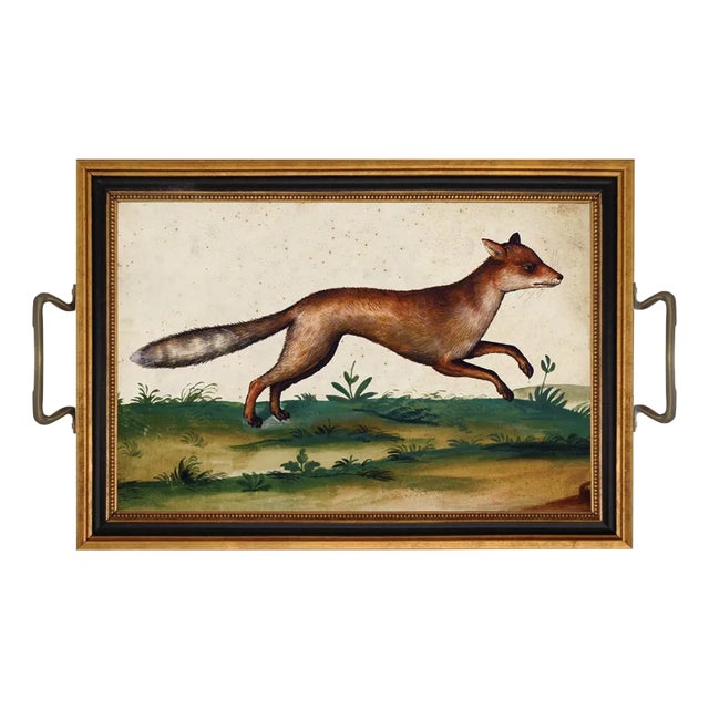 Water Colored Fox Print Decorative Tray With Brass Handles For Sale