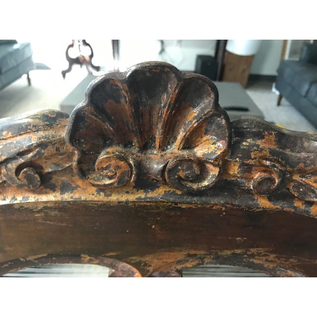 1950s Continental Carved Wood Bench with Turned Legs & Upholstered Seat in Designer Fabric For Sale - Image 9 of 10