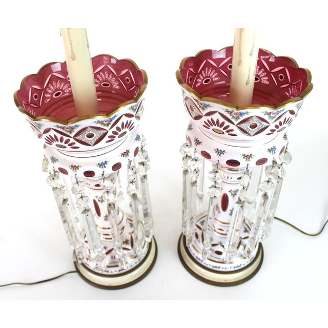 Large Bohemian Cased Glass Lamps. Victorian Cut to Cranberry Lamps With