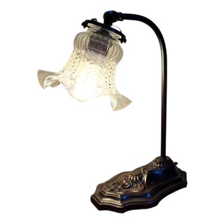 Art Nouveau Brass and Copper Adjustable Table Lamp with Ribbed Glass Shade, 1905 For Sale