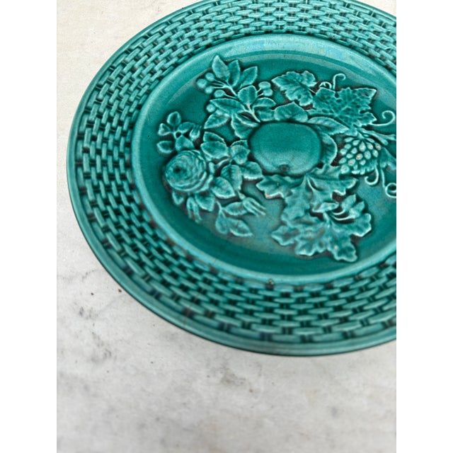 19th Century French Green Fruits & Rose Majolica Plate For Sale - Image 4 of 6