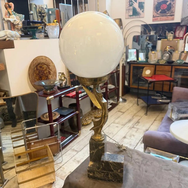 1930s Art Deco Black Marble, Gilded Metal and Milk Glass Italian Table Lamp For Sale - Image 14 of 18