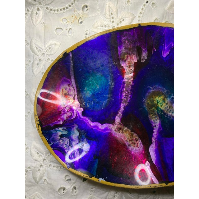 Vintage MCM SEETUSEE Glassware by Mayfair Ruffled Art Glass Blue And Purple Foil Art In nice used condition. Please see...