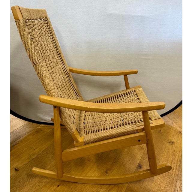 Mid-Century Modern Mid Century Hans Wegner Style Corded Rope Rocking Chair For Sale - Image 3 of 8