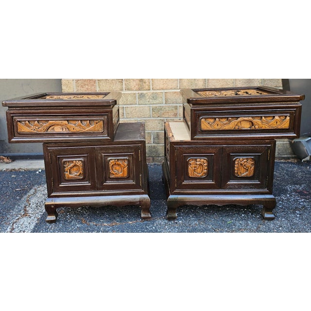 Chocolate Pair Southeast Asian All-Sides Carved Fruitwood Two-Part Side Table Cabinets For Sale - Image 8 of 8