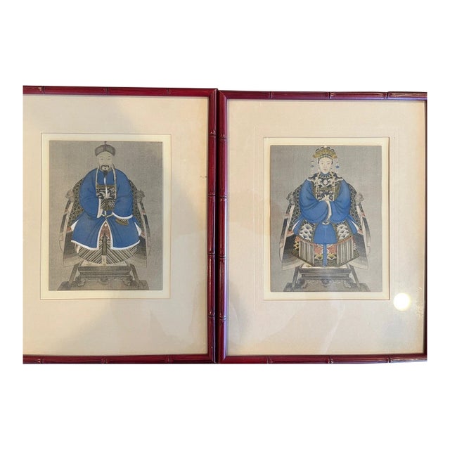 Early 20th Century Qing Dynasty Style Chinese Ancestor Portraits in Faux Bamboo - A Pair For Sale