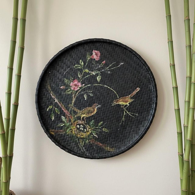 Farmhouse Large Hand Painted Rattan Tray-Bird-Floral-27''-Boho-Chinoiserie-Wall-Bamboo For Sale - Image 3 of 11