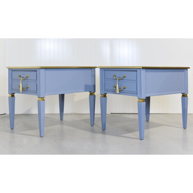Transitional Mid Century Transitional Side Tables in Blue and Gold Newly Painted - A Pair For Sale - Image 3 of 12