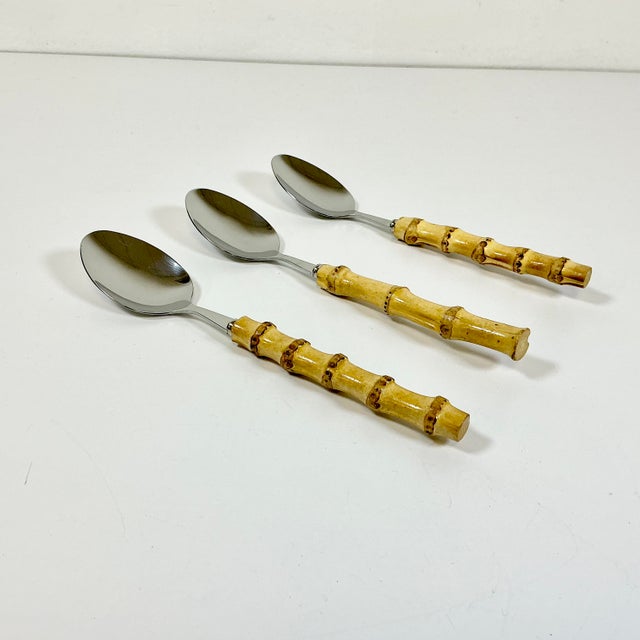 Vintage Boho Chic Coastal Bamboo & 18/8 Stainless Steel Serving Spoons - Set of 3 For Sale - Image 9 of 10