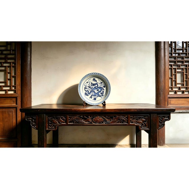 Art Deco Chinese Ceramic Plate,Xuande Marked Blue and White Porcelain Plate Hand Painted Dragon Pattern For Sale - Image 3 of 10