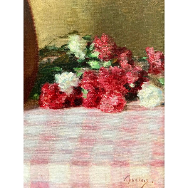 Victor Abeloos, Bouquet of Carnations on a Gingham Tablecloth, 1920, Oil Painting on Canvas, Framed For Sale - Image 14 of 15