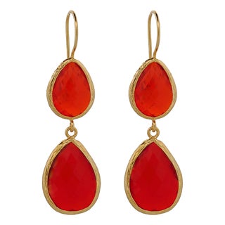Sterling Silver Gold Plated Double Red Stone New Year Earrings, A Pair For Sale