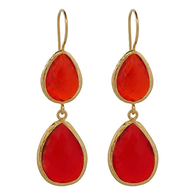 Sterling Silver Gold Plated Double Red Stone New Year Earrings, A Pair For Sale
