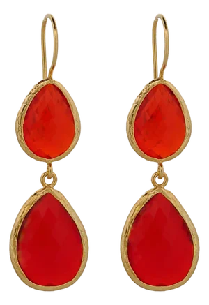 Sterling Silver Gold Plated Double Red Stone New Year Earrings, A Pair