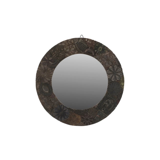 1970s Handcrafted Round Wood Wall Mirror | 22 Inch Repurposed Printing Block Mirror for Entryway | Rustic Farmhouse Decor | Housewarming Gift For Sale - Image 5 of 8