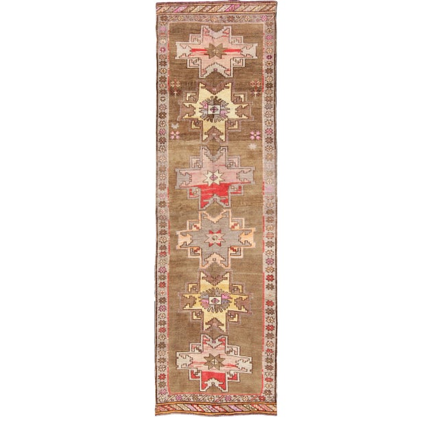 Vintage Turkish Kars Runner With Brown, Red, Yellow, and Soft Pink Tones For Sale