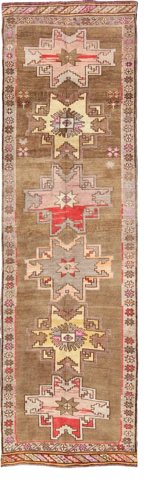 Vintage Turkish Kars Runner With Brown, Red, Yellow, and Soft Pink Tones