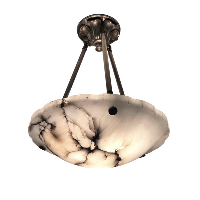 1930s French Art Deco Alabaster Pendant Light, White W/ Charcoal Grey Veining For Sale - Image 15 of 17