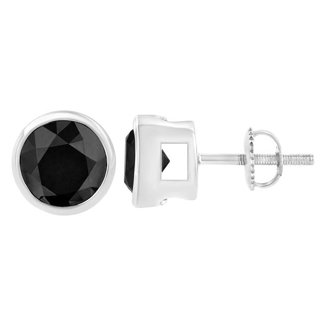 Contemporary 14K White Gold 2.00 Cttw Round Brilliant-Cut Black Diamond Bezel-Set Stud Earrings with Screw Backs (Fancy Color-Enhanced, I2-I3 Clarity) For Sale - Image 3 of 5
