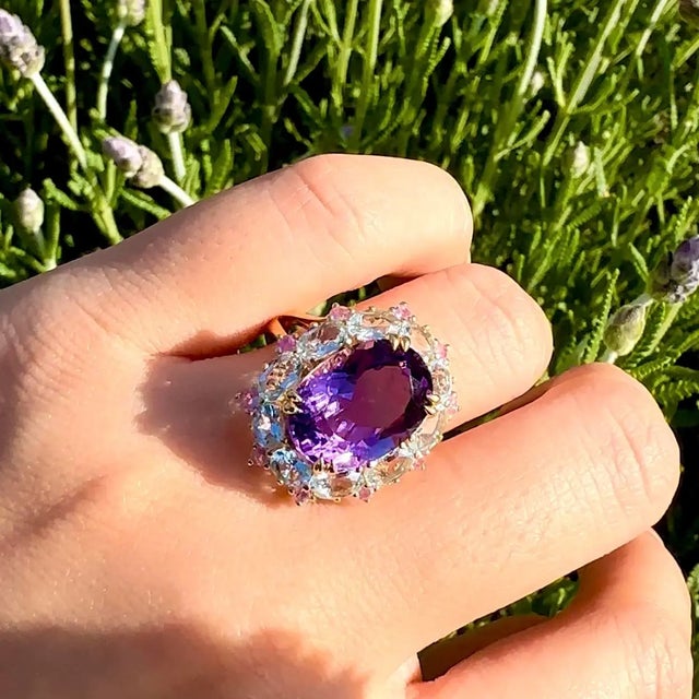 Kai Purple Amethyst Aquamarine Pink Sapphire Cocktail Ring in 14k Gold Ring, size 6.5 For Sale - Image 10 of 11
