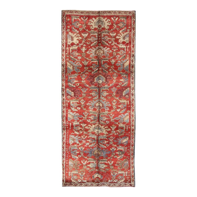 Vintage Turkish Oushak Gallery Runner With Red Field and Blue Accents 4'6 X 10'10 For Sale