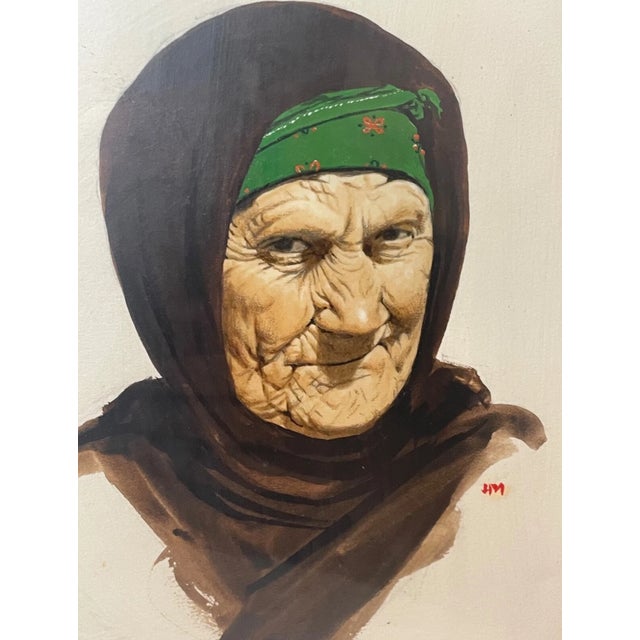 Realism Vintage Original Acrylic Painting Realism Elder Lady Woman Portrait Signed Hm For Sale - Image 3 of 9