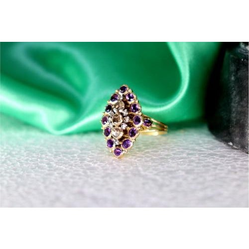 Gold Gold Ring with Rose Cut Diamonds and Violet Amethysts For Sale - Image 8 of 9