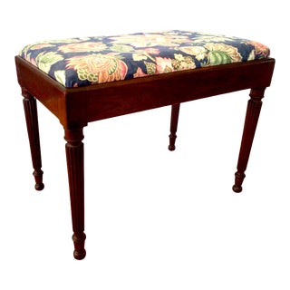 1960s Vintage Walnut Bench Vanity Seat Newly Upholstered in Navy Floral Pattern For Sale