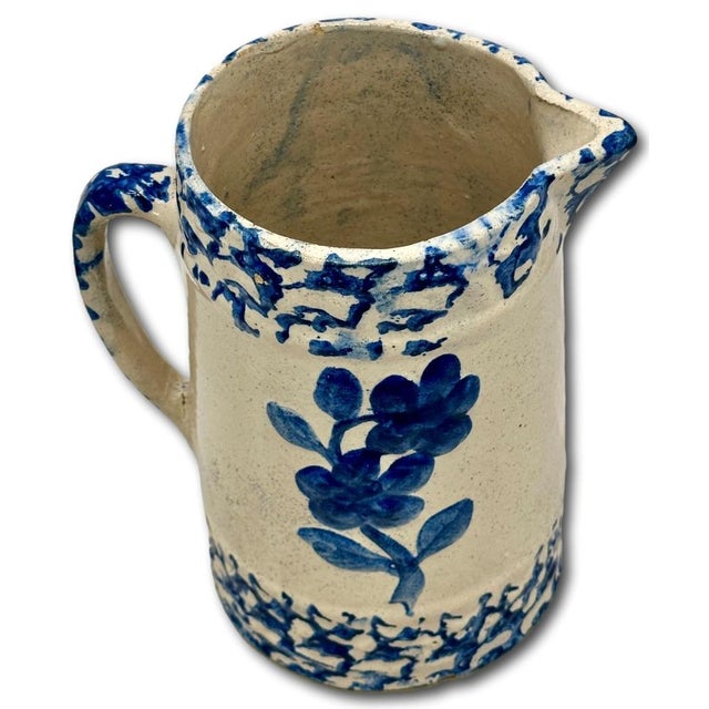 Unusual Antique American Blue Spongeware & Flower Decorated Stoneware Milk Pitcher Circa Late 19th Century For Sale - Image 12 of 18