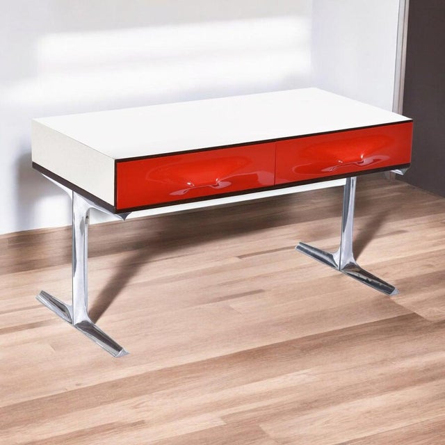 Mid-Century Modern DF-2000 Rosewood Chrome Red Plastic Drawer TV Stereo Console from Raymond Loewy For Sale - Image 3 of 13