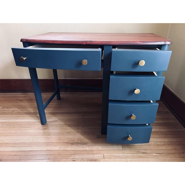Wood 1970s Restored Vintage Stanley Furniture Desk — Walnut-Stained Top, Charcoal Gray, Brass Hardware For Sale - Image 7 of 9