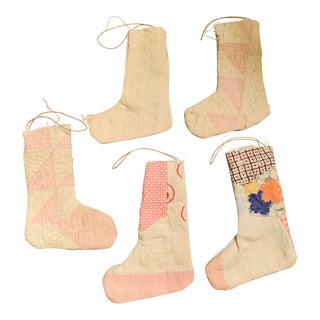 Christmas Stocking Ornaments Fashioned Out of Vintage Textiles - Set of 5 For Sale