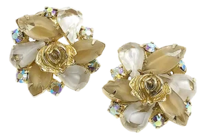 Vintage Weiss Art Glass With Golden Rose Clip-on Earrings