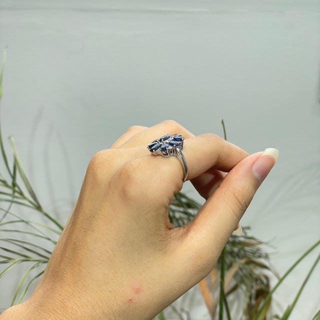 Midnight 5.06 Ct Blue Sapphire & Diamond Floral Cluster Cocktail Ring, Size 7 For Sale - Image 6 of 12
