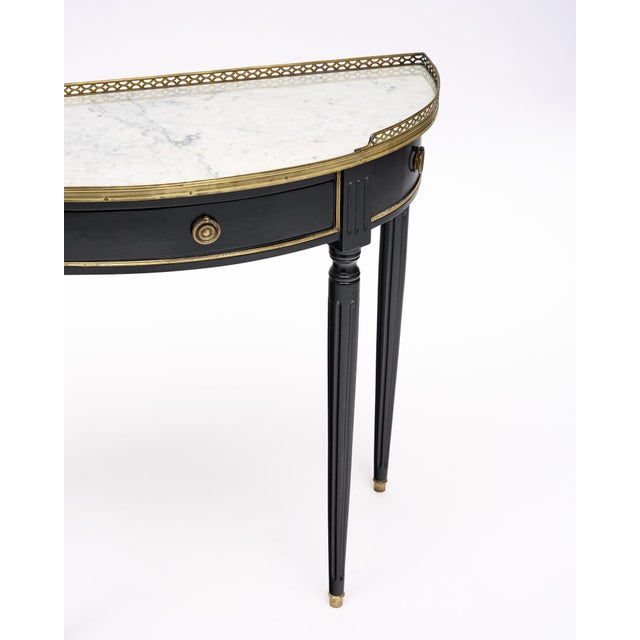 1910s French Louis XVI Style Ebonized, Brass and Marble Demi-Lune Console Table For Sale - Image 5 of 9