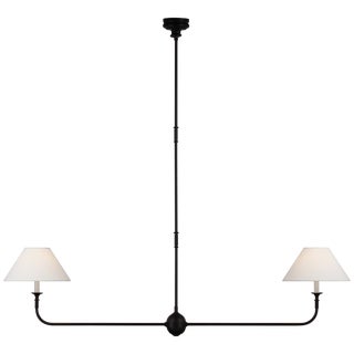 Thomas O'Brien for Visual Comfort Signature Piaf Large Two-Light Linear Pendant in Aged Iron & Ebonized Oak with Linen Shades For Sale