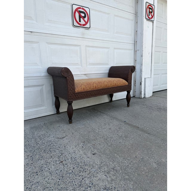 Boho Chic Vintage Boho Woven Rattan Wicker Scroll Arm Upholstered Bench For Sale - Image 3 of 12