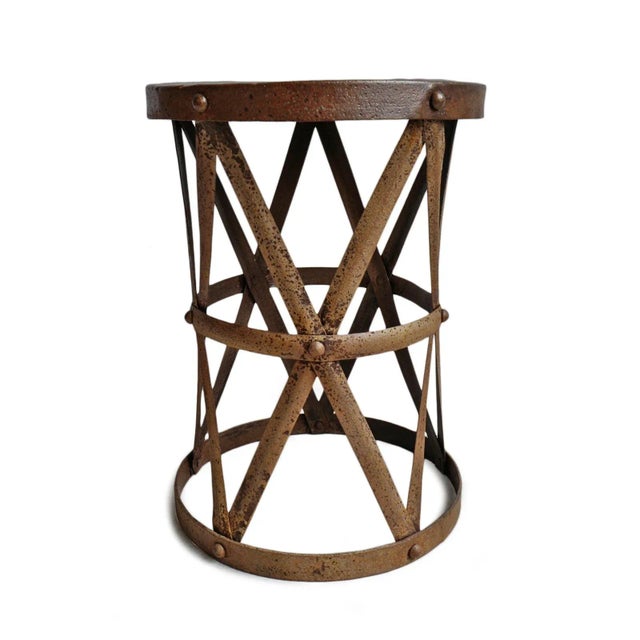 Vintage industrial iron strap side table. Rustic aged patina great for outdoor or indoor use.