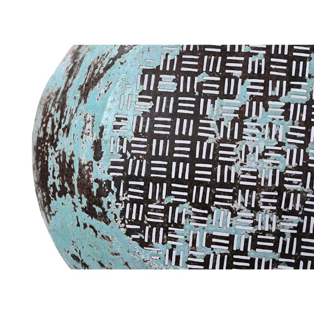 Far Pavilions 1970s Industrial Metal Sieve Tabletop Sculpture | Rustic Farmhouse Centerpiece on Stand | Distressed Blue Gray Kitchen Tool Home Decor For Sale - Image 4 of 6