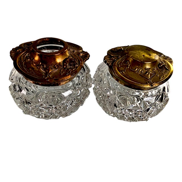 Art Nouveau Crystal Glass & Gilded Copper Lid Dresser Jar Matched Pair 4.5" For Sale - Image 3 of 9
