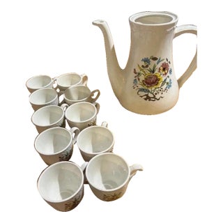 Vintage French Sarreguemines-Digoin “Cantaloup” Floral Coffee Set, Coffee Pot & 10 Cups - 11 pcs For Sale