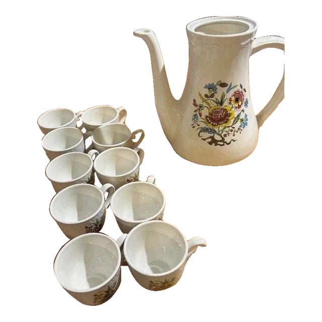 Vintage French Sarreguemines-Digoin “Cantaloup” Floral Coffee Set, Coffee Pot & 10 Cups - 11 pcs For Sale