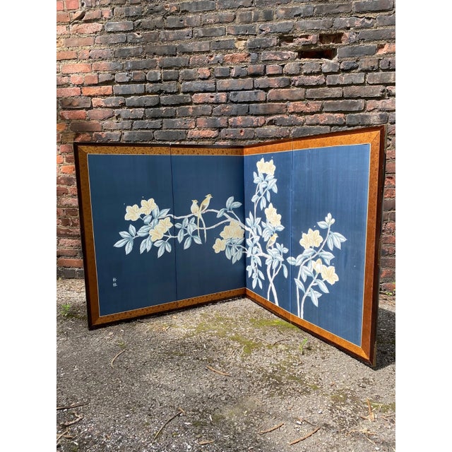 Japanese Large Vintage Hand Painted Showa Era Japanese Byobu Folding Silk Screen MCM Signed Blue Gold Floral 72" For Sale - Image 3 of 11