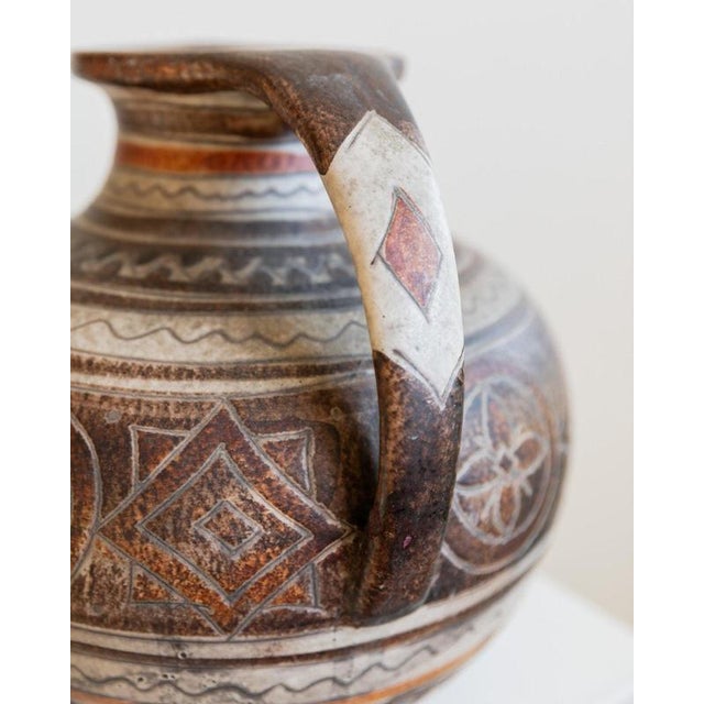 Vintage Italian Hand-Painted Brown Ceramic Vase with Decorative Pattern and Two Handles from Italica Ars, 1960s For Sale - Image 3 of 13