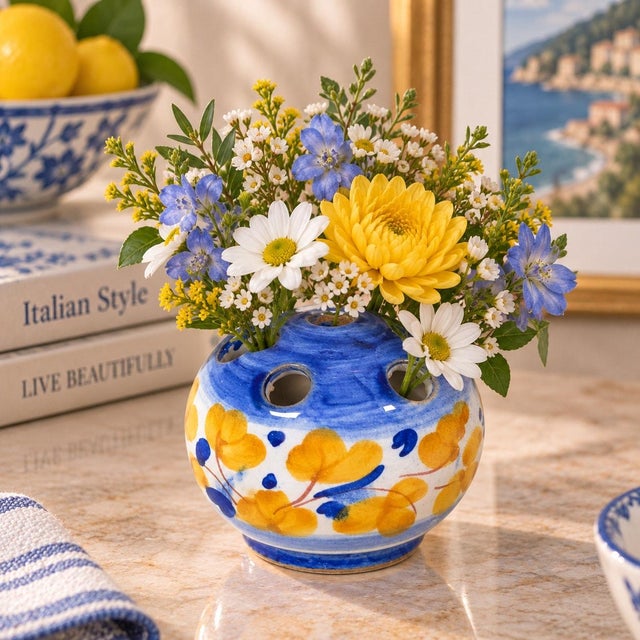 Rustic European Vintage Italian Hand-Painted Blue & Yellow Floral Ceramic Flower Frog Bud Vase For Sale - Image 3 of 13